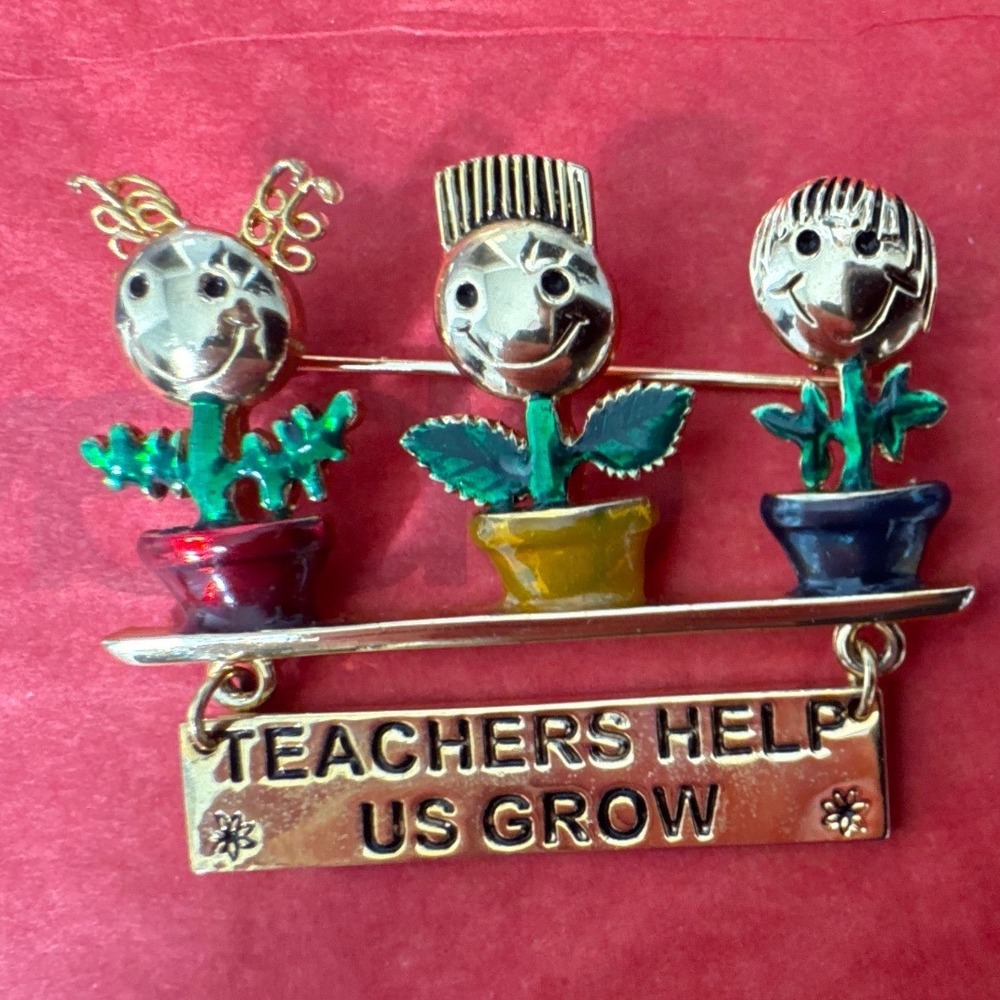 Danecraft Brooch Gold Teachers Help Us Grow Flower Pot Enamel Vintage Gift